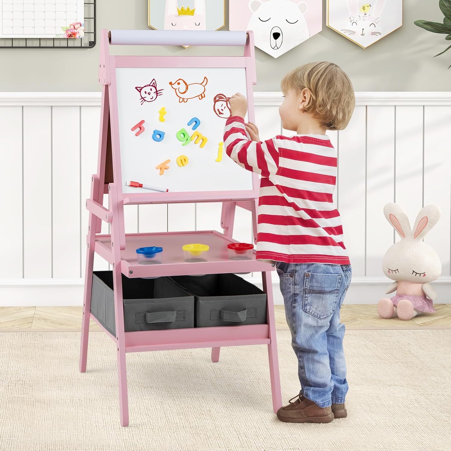 3 en 1 Chevalet d'Art Enfant avec Tableau Noir & Blanc Magnétique, Tableau Enfant Double Face avec Rouleau de Papier & 2 Bacs en Tissu (Rose) - 9