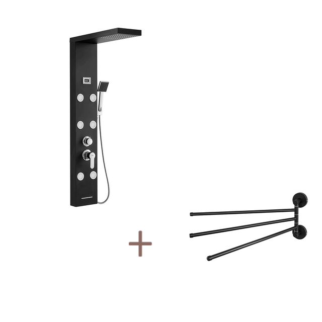 Panneau Colonne Douche Hydromassante Noir,Acier Inox avec 6 Grandes Buses Massants,Écran LCD+Porte-Serviettes Inox avec 3 Barres 180°Rotatives,Noir