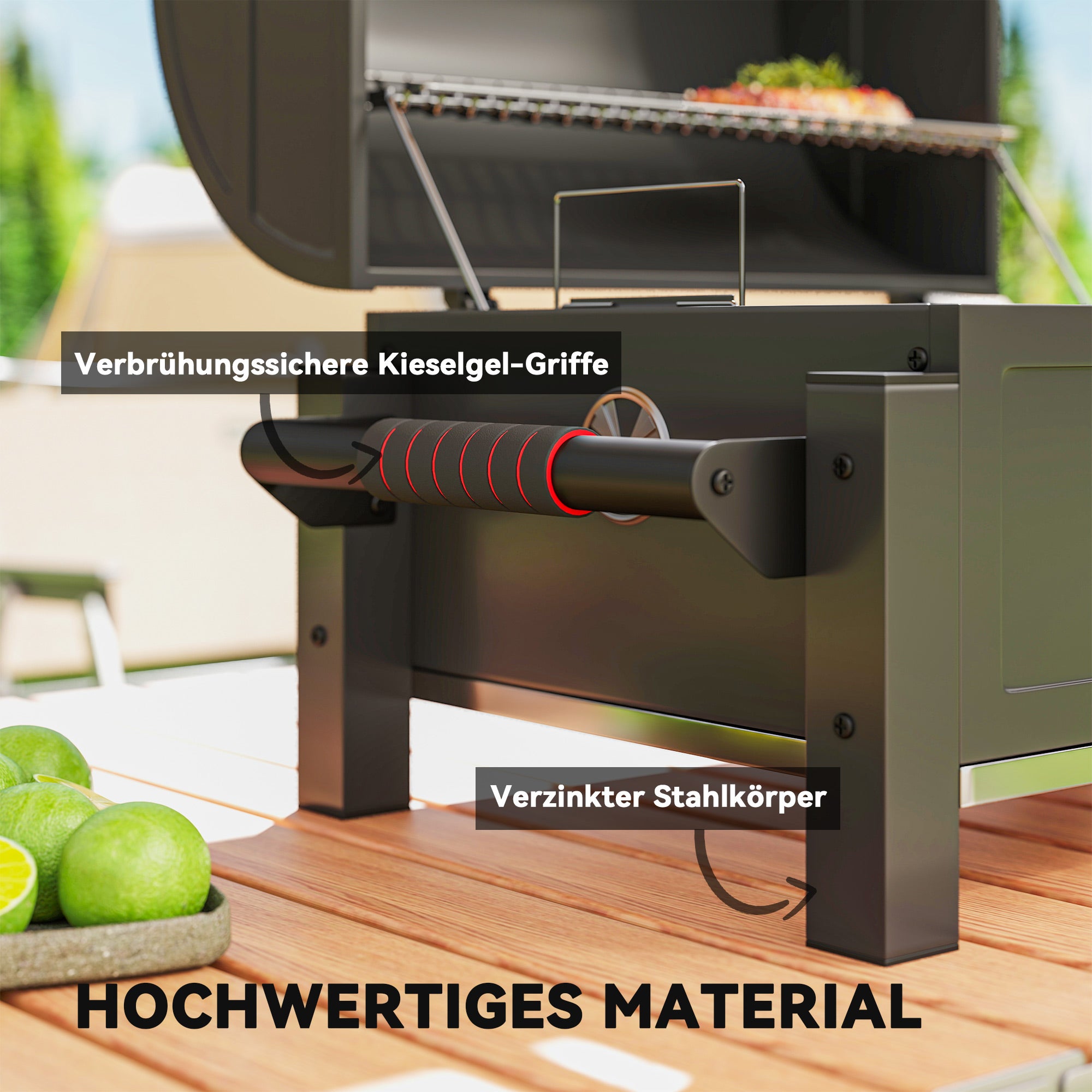 Barbecue charbon de bois avec couvercle, grille de maintien au chaud, bac à cendres, thermomètre, inoxydable, 67 x 53 x 55 cm, noir/rouge - 8