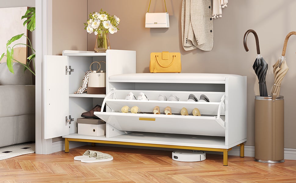 Banc à chaussures avec 2 portes - 100 x 38 x 68 cm - Panneau de particules et pièds en métal - Blanc - 9