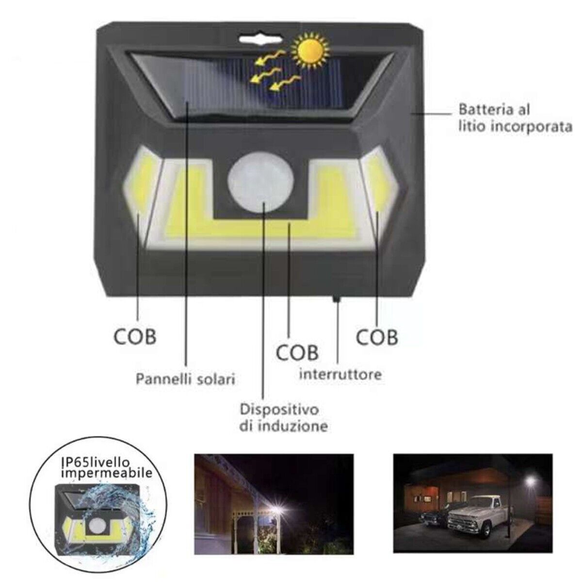 FARETTO ESTERNO CON LUCE LED COB PANNELLO SOLARE SENSORE DI MOVIMENTO