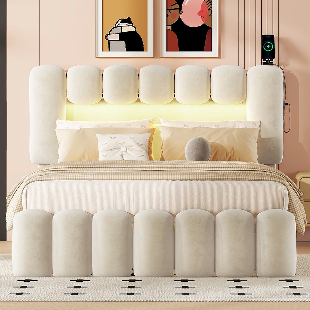 Lit adulte 140 x 200cm Lit rembourré Lit avec 4 tiroirs avec barre lumineuse LED et USB et chaîne stéréo Beige - 5