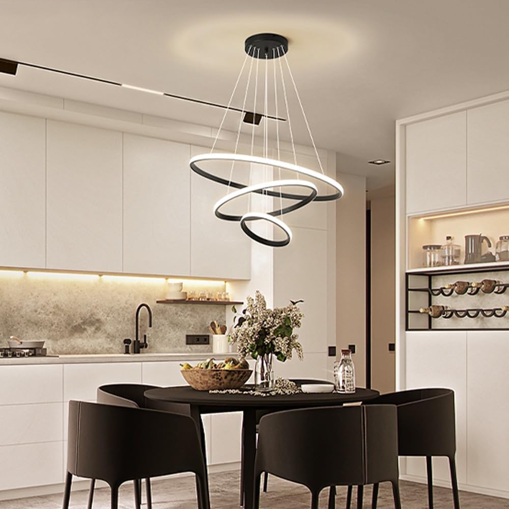 COMELY Suspension LED Moderne à 3 Anneaux Ø20/40/60 cm, Lustre Design Noir Hauteur Réglable, Lumière 3000K–6500K pour Salon Salle à Manger - 2
