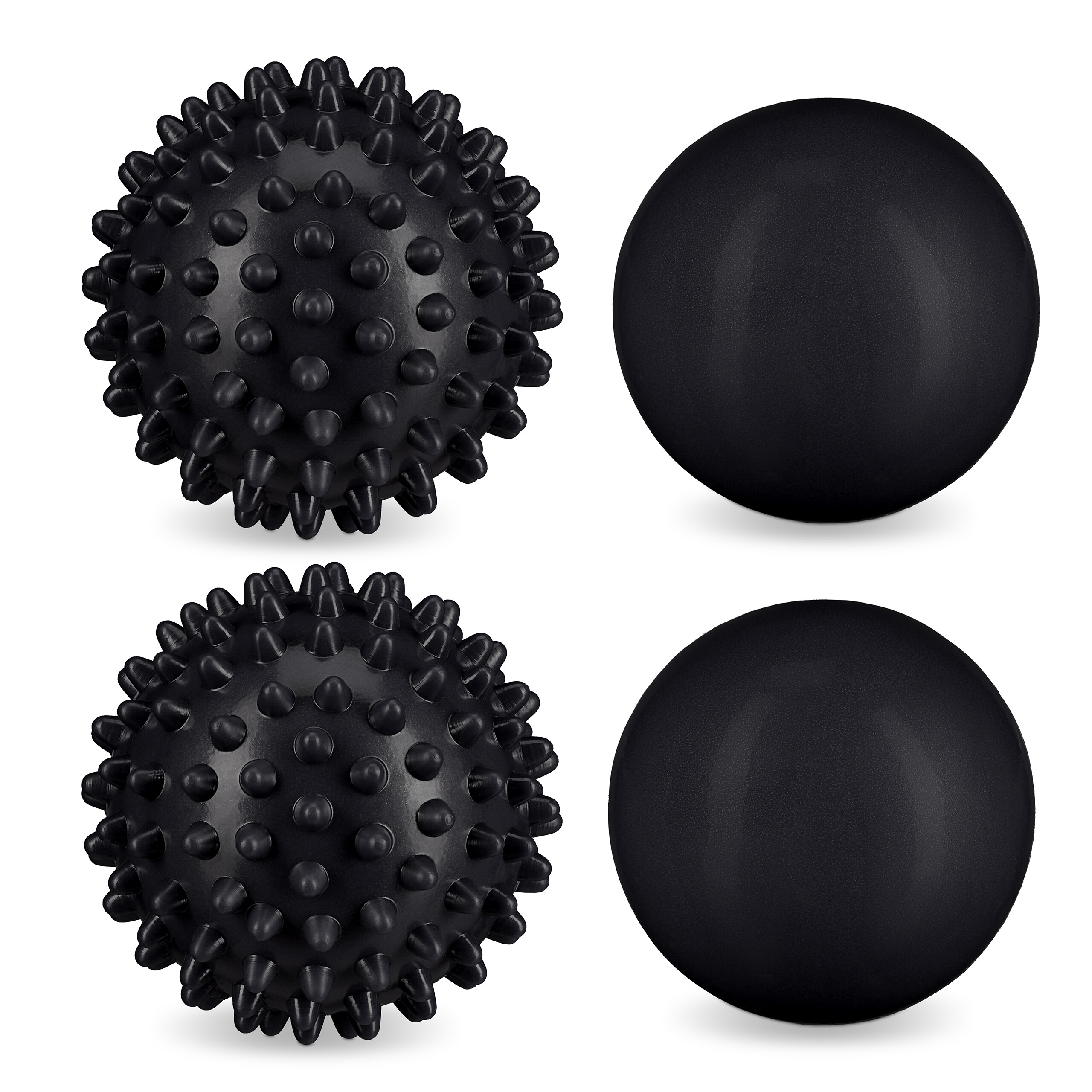 Relaxdays pack de 4 bolas de masaje, pelotas lisas y con pinchos, duras, ø 6,5 & 6 cm, automasaje para fascia, negro