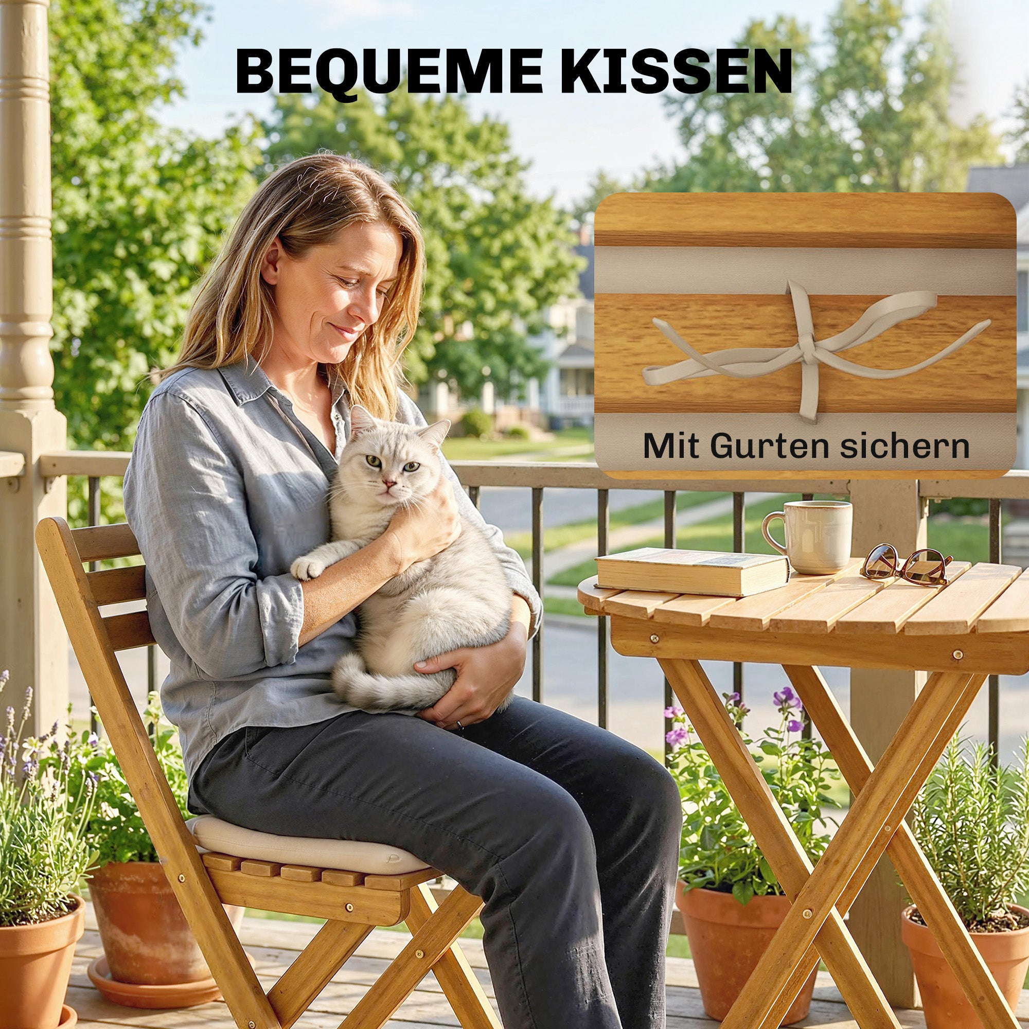 Ensemble mobilier balcon 3 pièces ensemble meubles jardin pliants bois FSC table ronde 2 chaises coussin assise assise lattes respirantes - 9