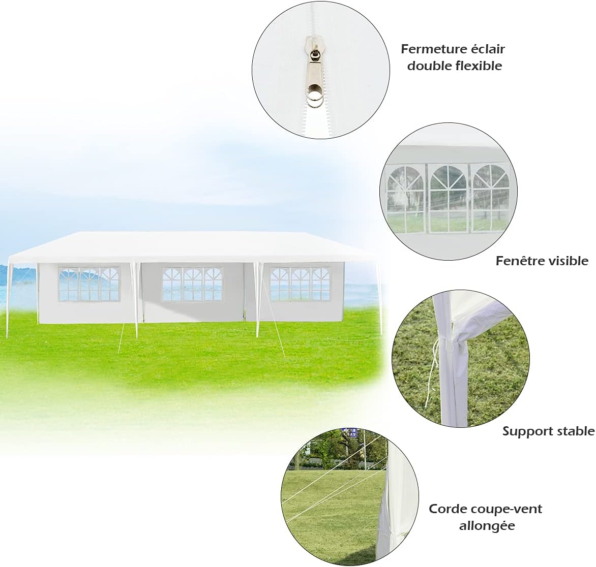 Tonnelle 3x9M Tente de Réception 5 Bâches avec Fenêtres-Pergola avec Piquets et Cordes-Tissu étanche/Résistant au Soleil - 5