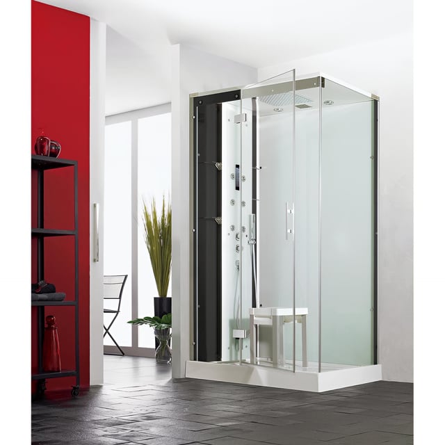 Cabina de ducha rectangular Horizon 110x81 cm negro perla puerta pivotante plato hidro-hammam 12,5 cm