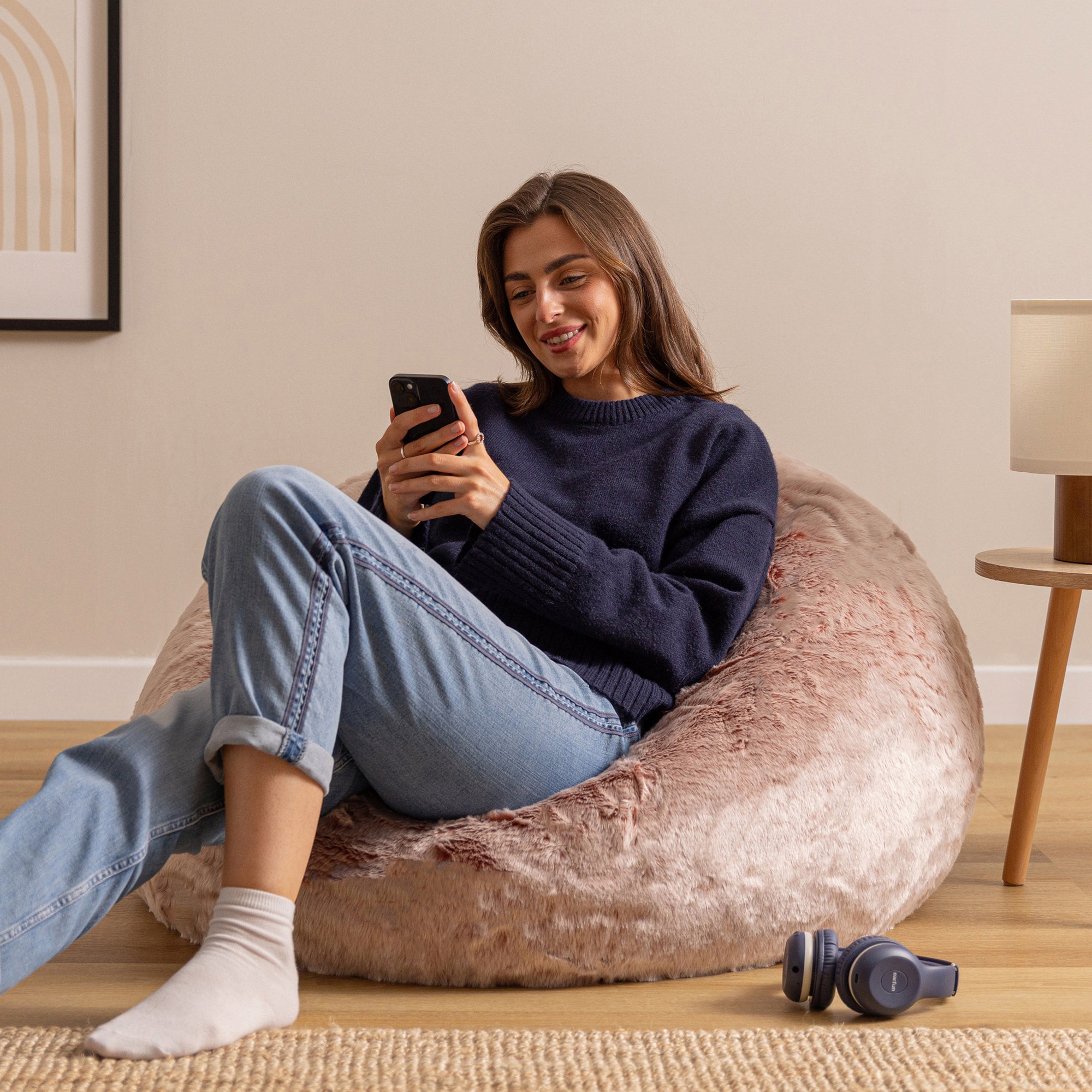 Pouf Icon fausse fourrure rose poudré, salon, chambre, 85x85cm, Made in Allemagne, Oeko-Tex® - 4