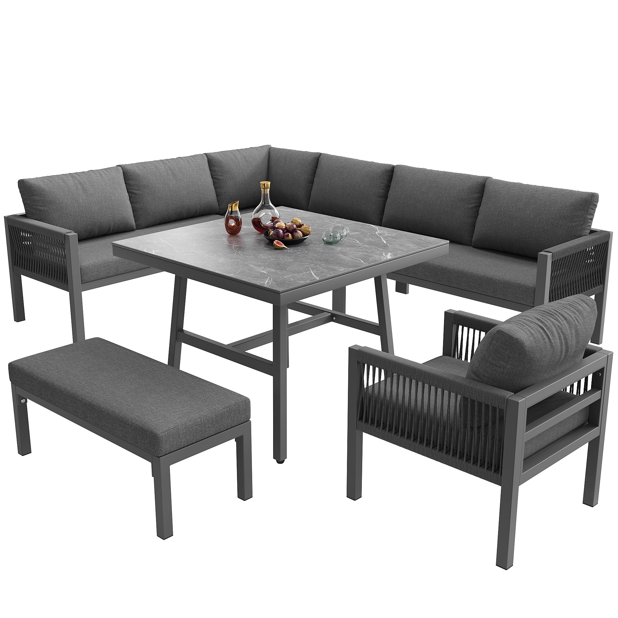 Sofa ogrodowa w kształcie litery L, do 8 osób, rama żelazna z powłoką, odporna na warunki atmosferyczne, szara - 5
