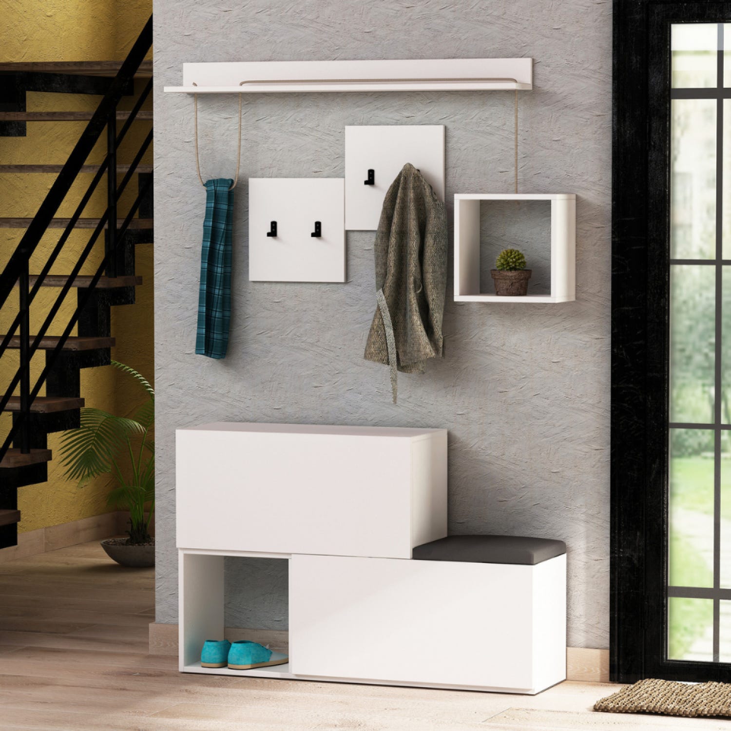 Mueble recibidor blanco con perchero, almacenaje y espejo MESTY | Leroy ...