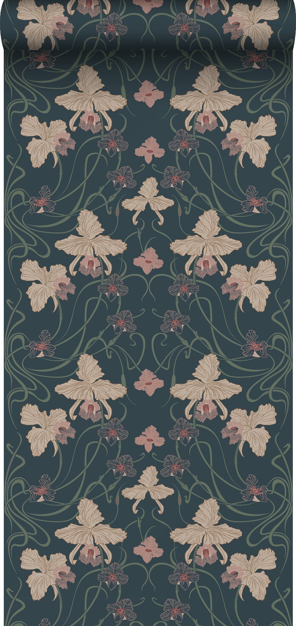 Papel pintado flores vintage en estilo art nouveau azul oscuro, beige y verde grisáceo - 50 x 900 cm - estahome