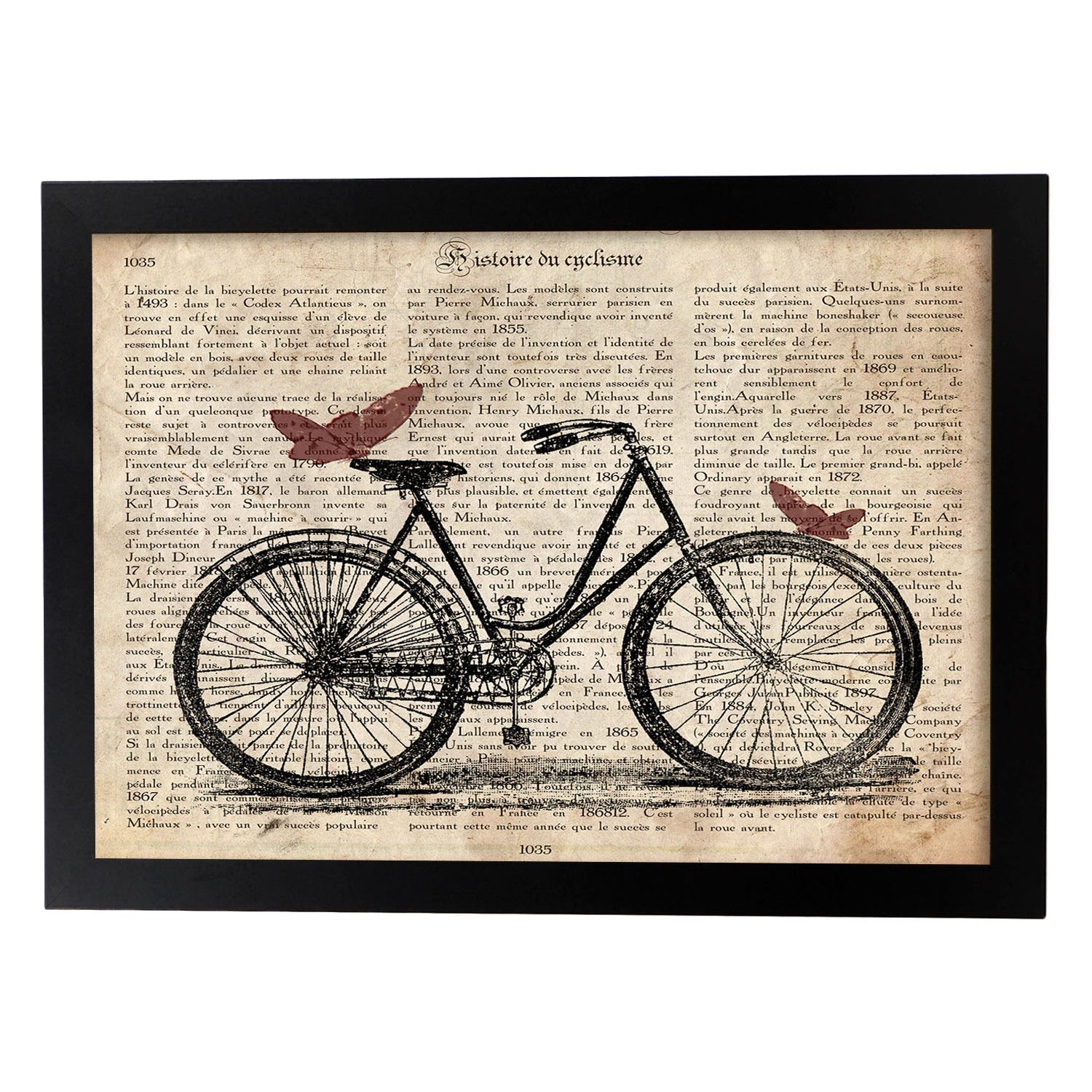 Poster de bici con mariposas. láminas de bicicletas definiciones. marco blanco - a3