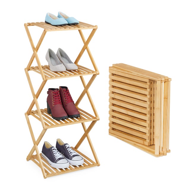 Relaxdays Scarpiera Pieghevole per 4 Paia di Scarpe, Portascarpe Salvaspazio Ingresso, HLP 86x40x34 cm, Bambù, Naturale