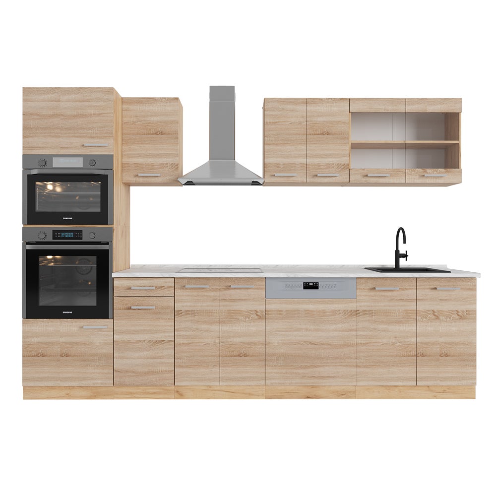 Vicco Aneks kuchenny R-Line, Dąb Sonoma/Goldkraft, 300 cm z wysoką szafką, BP Marmur