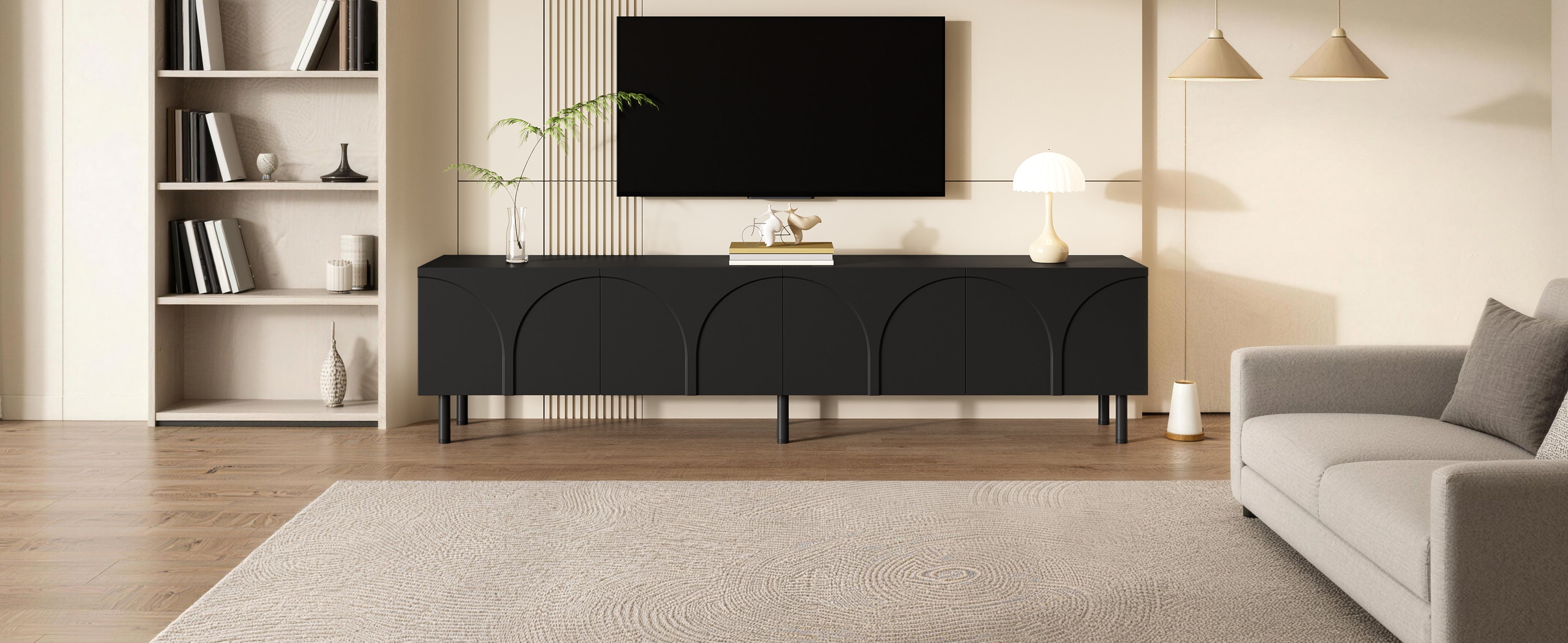 Stojak pod telewizor z 4 drzwiami o trójwymiarowych zakrzywionych liniach – 180 x 35 x 49 cm – Płyta wiórowa i MDF – Nogi metalowe – Czarny - 6