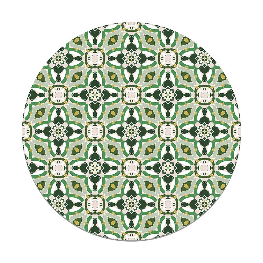 Panorama alfombra vinílica redonda baldosín oriental caleidoscopio verde 150x150 cm - alfombra cocina vinilo - alfombra salón antideslizante