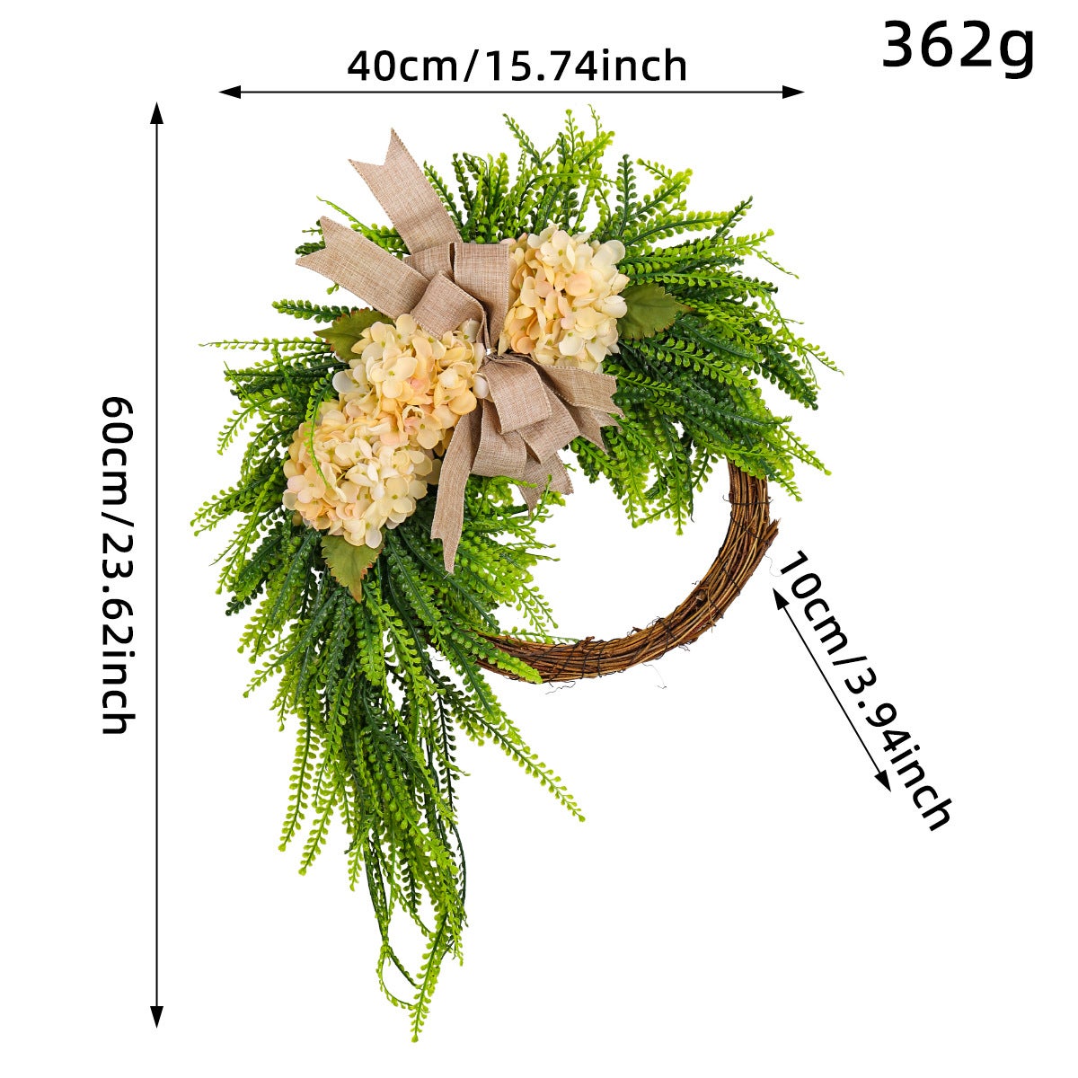 Ghirlanda Artificiale Di Ortensie - 60 Cm, Seta, Colori Rosa, Beige E Verde, Per Porta, Parete, Decorazione Casa