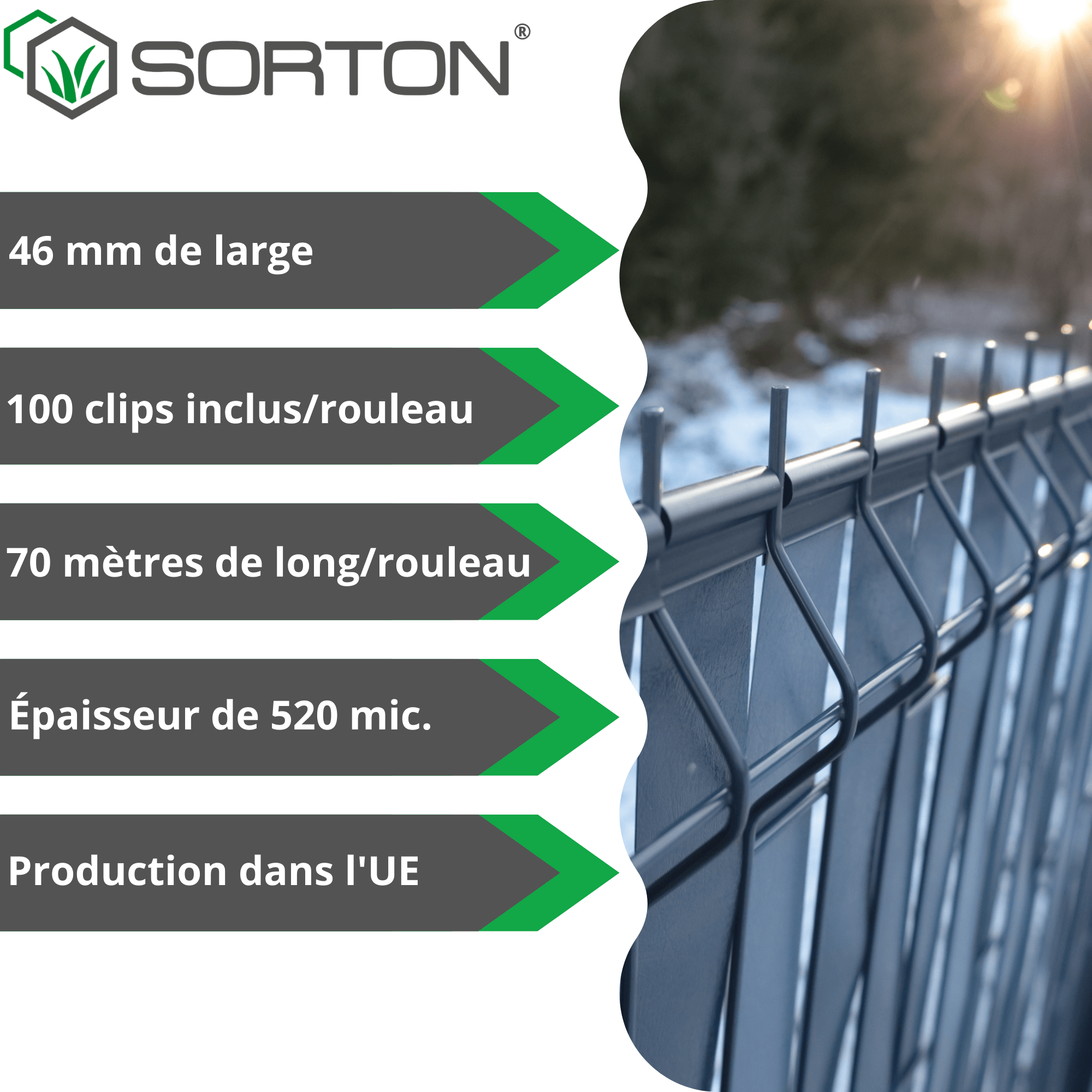 SORTON® - Lamelle Occultant Grillage Rigide, Kit de lamelles occultantes rouleau pvc - 4,6 cm x 70 m Anthracite - RAL7016 70 m + 100 Clips - 2