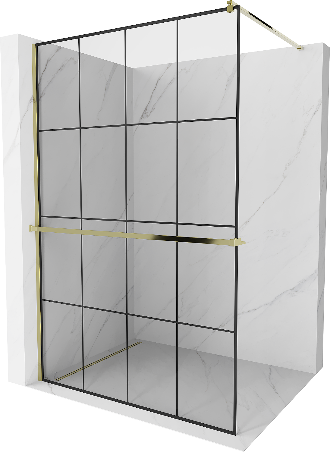 Mexen Kioto+ ścianka prysznicowa z półką Walk-in 130 x 200 cm, czarna kratka, złota - 800-130-121-50-77