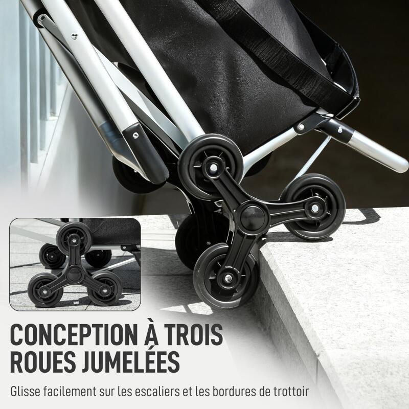 Chariot de courses pliable caddie de courses portable à roulettes avec siège pliable, sac amovible, 46x59,5x97cm, noir - 8