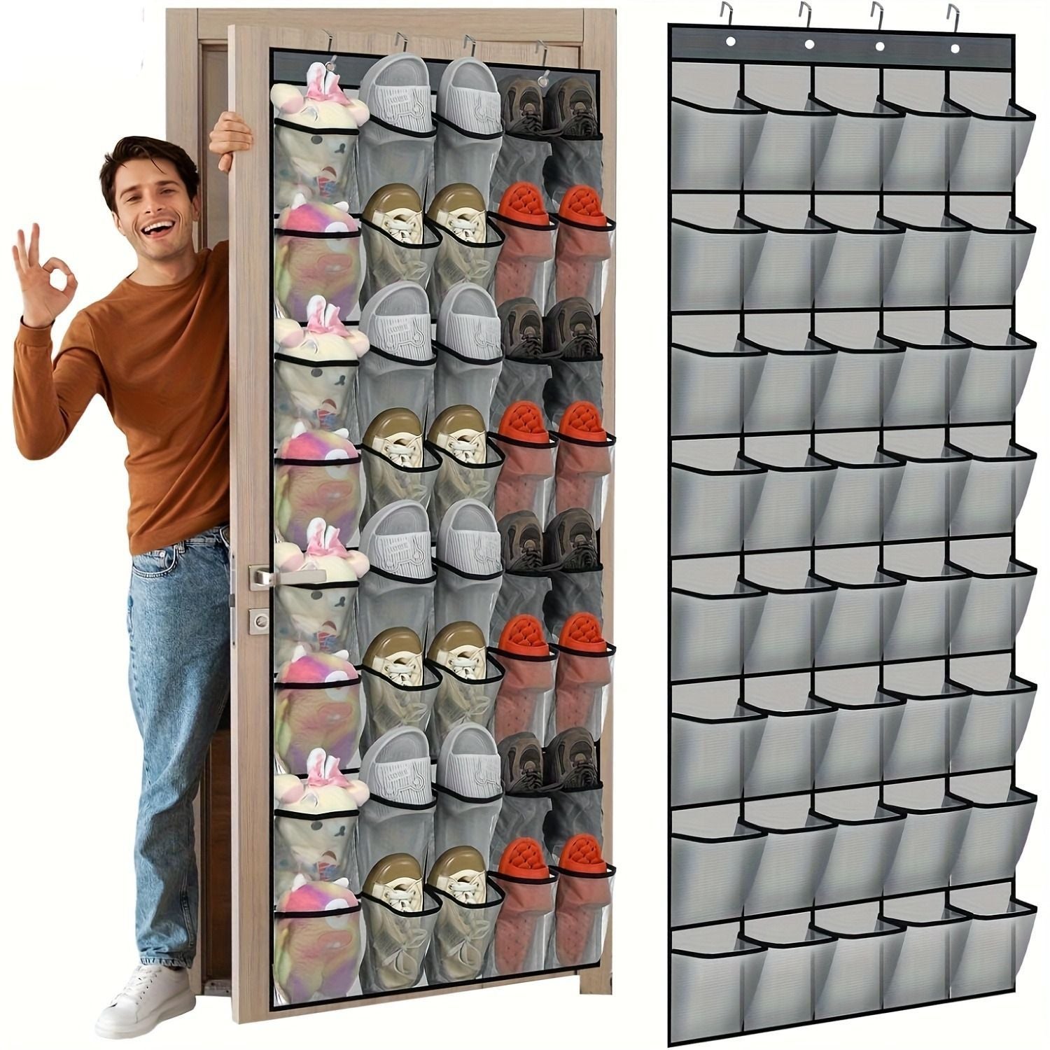 SCDZY Organizer sopra la porta per scarpe, 2 pezzi, 12 grandi tasche, scarpiera sospesa, salvaspazio, organizer multifunzione da appendere per porte strette, grigio