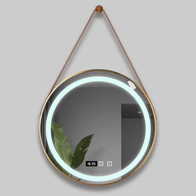 Espejo de Baño con Luz LED - Espejo Redondo de Pared - Con Función Antivaho, Brillo Ajustable - 50 cm - Dorado
