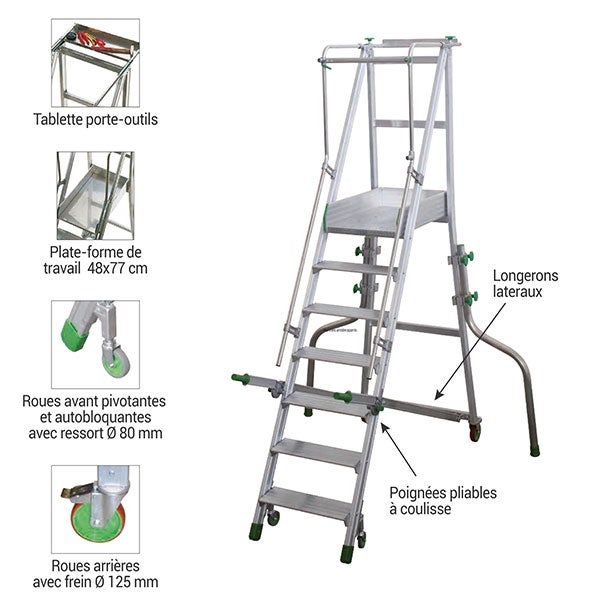 FACAL - Escabeau Aluminium Roulant avec Stabilisateurs Castiglia - Hauteur de plancher 3,28m - 6