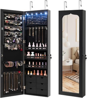 Specchio Armadio 3-in-1 HOOGDLJ Con Rotazione 360°, 2 Cassetti E 4 Ganci – Bianco, 45×45×160 Cm
