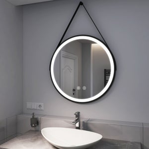 EMKE Miroir lumineux salle de bain rond diamètre 70cm cadre noir, Sangle réglable, Miroir LED avec Interrupteur Tactile, Anti-buée, Lumière Froide