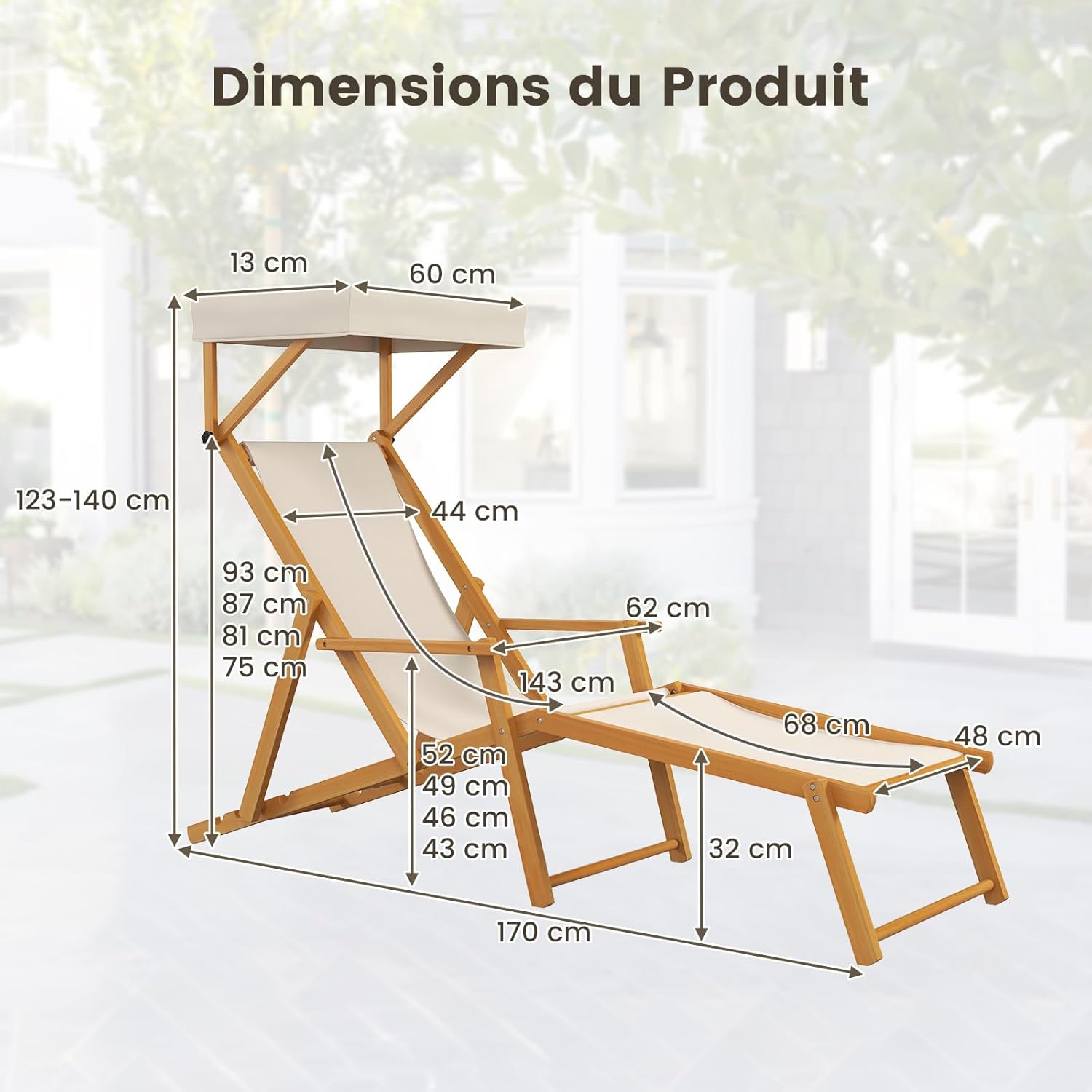 Sedia a Sdraio in Legno di Betulla, Lettino Prendisole da Giardino, Sedia da Spiaggia Pieghevole con Cappottina Regolabile e Rimovibile, Schie - 3