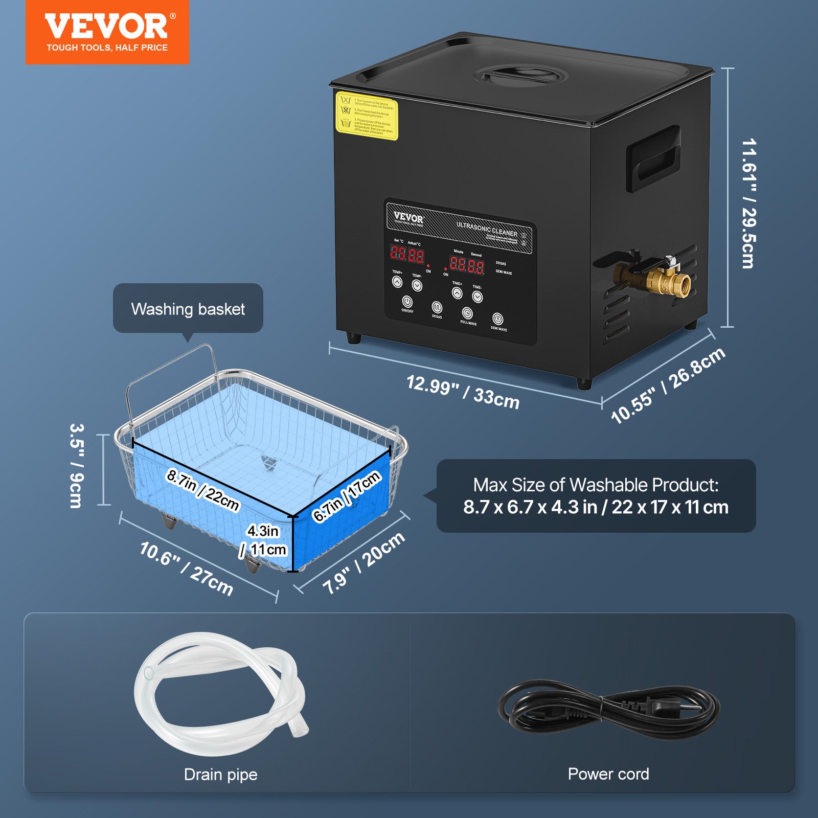 Nettoyeur ultrason VEVOR, inox, 10 L, 240 W, numérique, mode doux & dégazage, chauffage & minuterie, pour prothèses/bijoux/outils, noir - 7