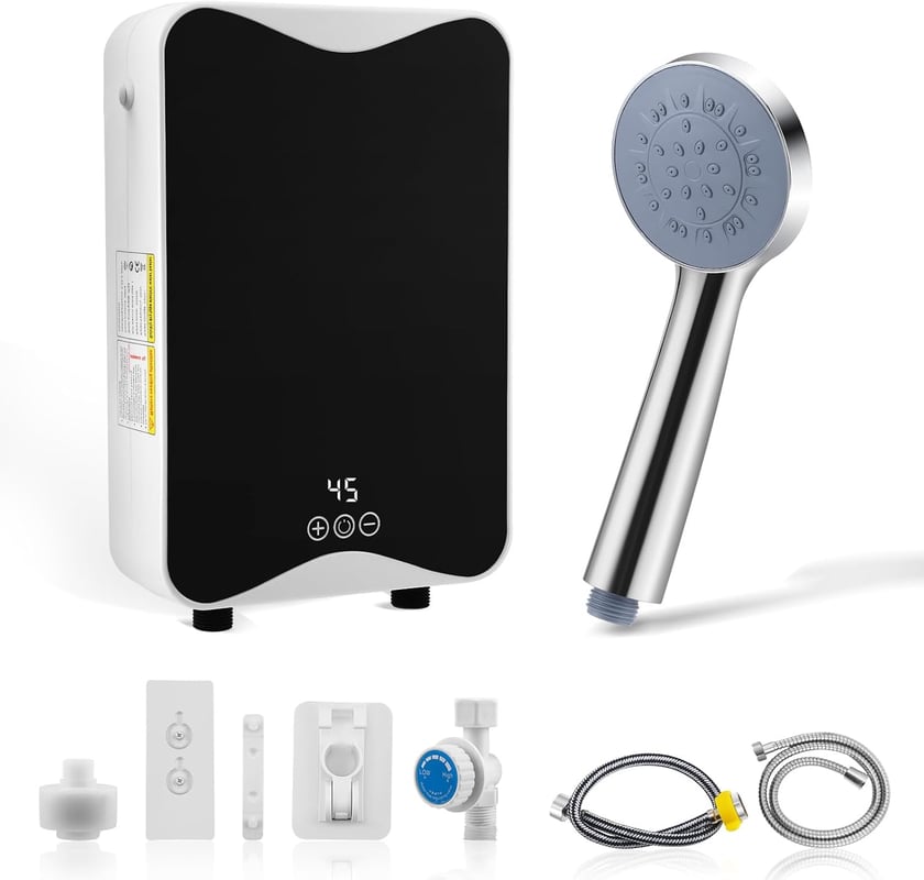 Podgrzewacz wody przepływowy o mocy 5500 W z wyświetlaczem temperatury do kuchni, łazienki i zlewu z głowicą prysznicową