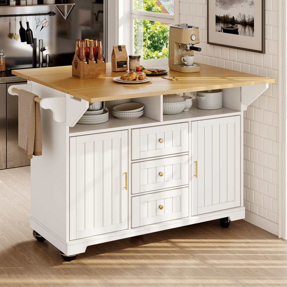 Isla cocina 120cm extensible con ruedas, 5 ruedas, 2 puertas, 3 cajones, toallero, tablero madera