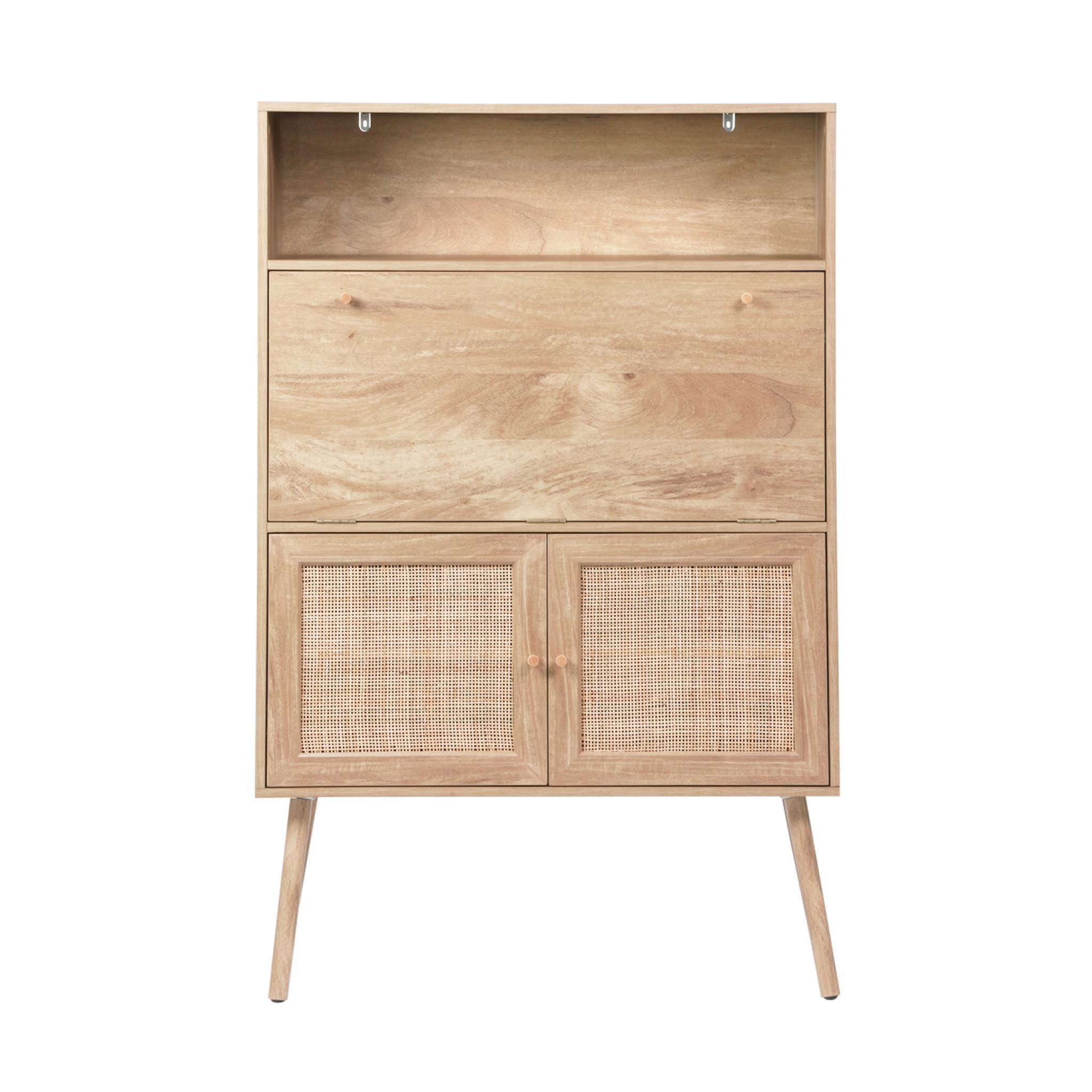 Bureau secrétaire décor bois et cannage 2 portes naturel - Boheme BOHÈME - 6