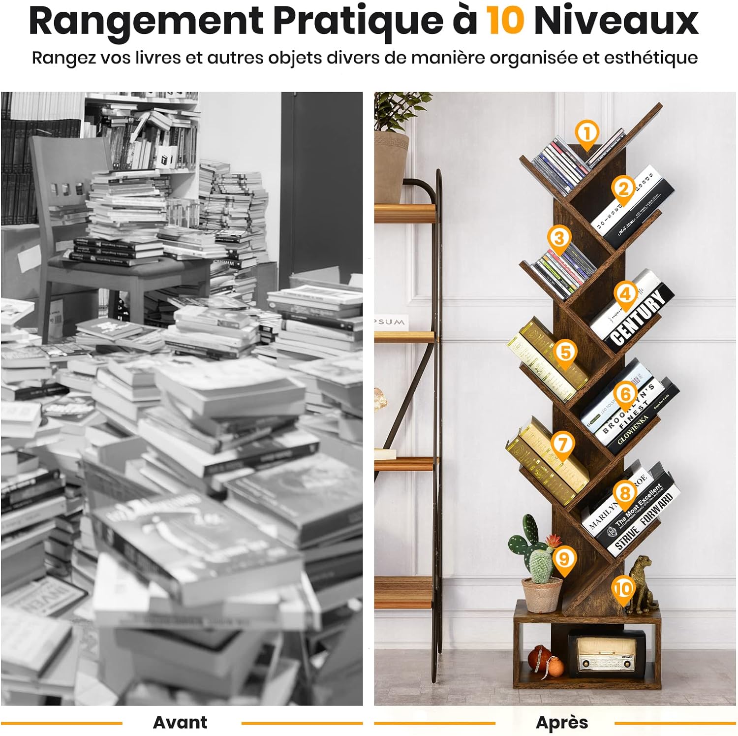 Libreria ad Albero a 10 Ripiani, Cassetto con Maniglia, Scaffale Espositore Stretto e Multiuso, Organizer per Libri, CD e Ornamenti, Arredo per - 5