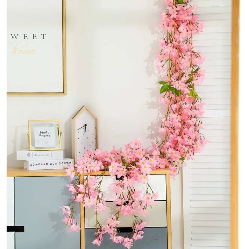 2 Pcs 5.6FT Artificielle Sakura Fleurs Guirlande Faux Oriental Guirlande De Cerisier Maison Jardin Fête De Mariage Décor (Rose) - 3