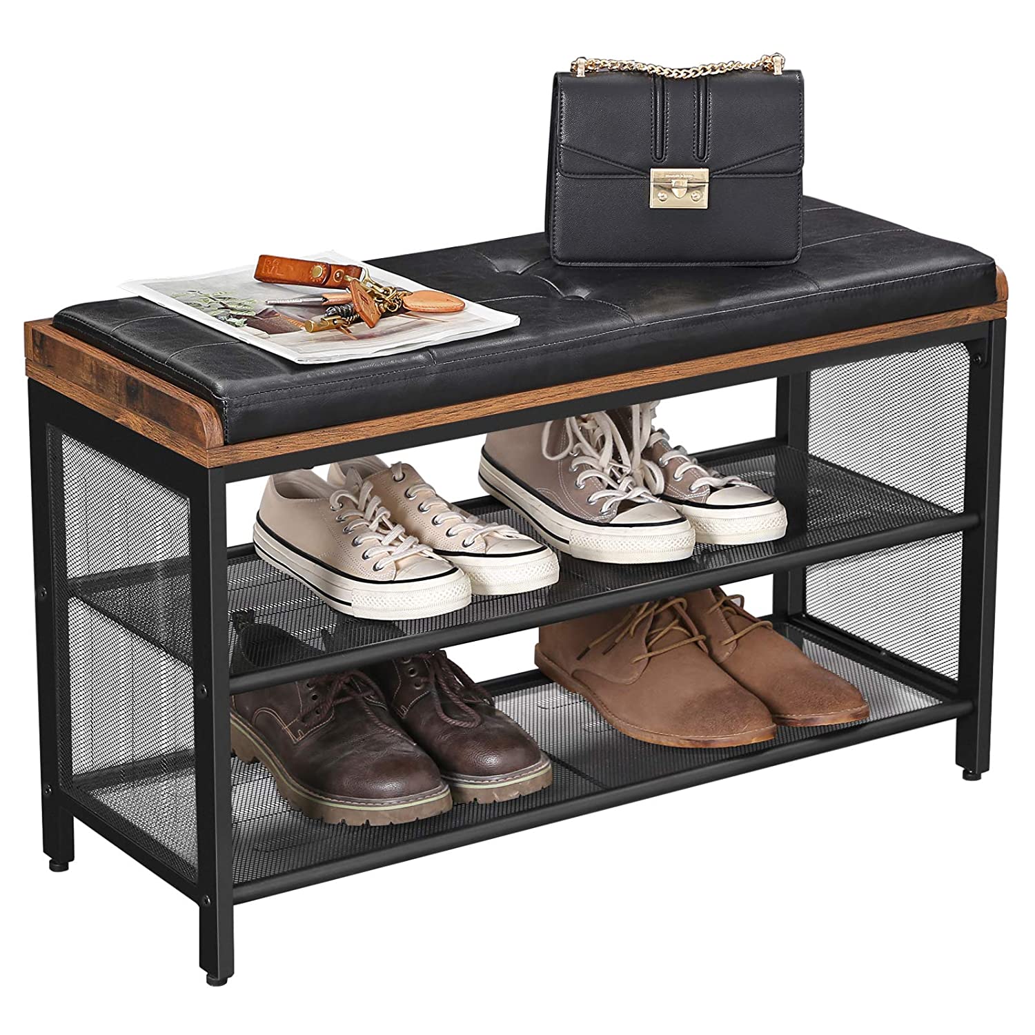 Banc À Chaussures, banquette Rembourrée Avec Étagères En Maille, marron Rustique - 4