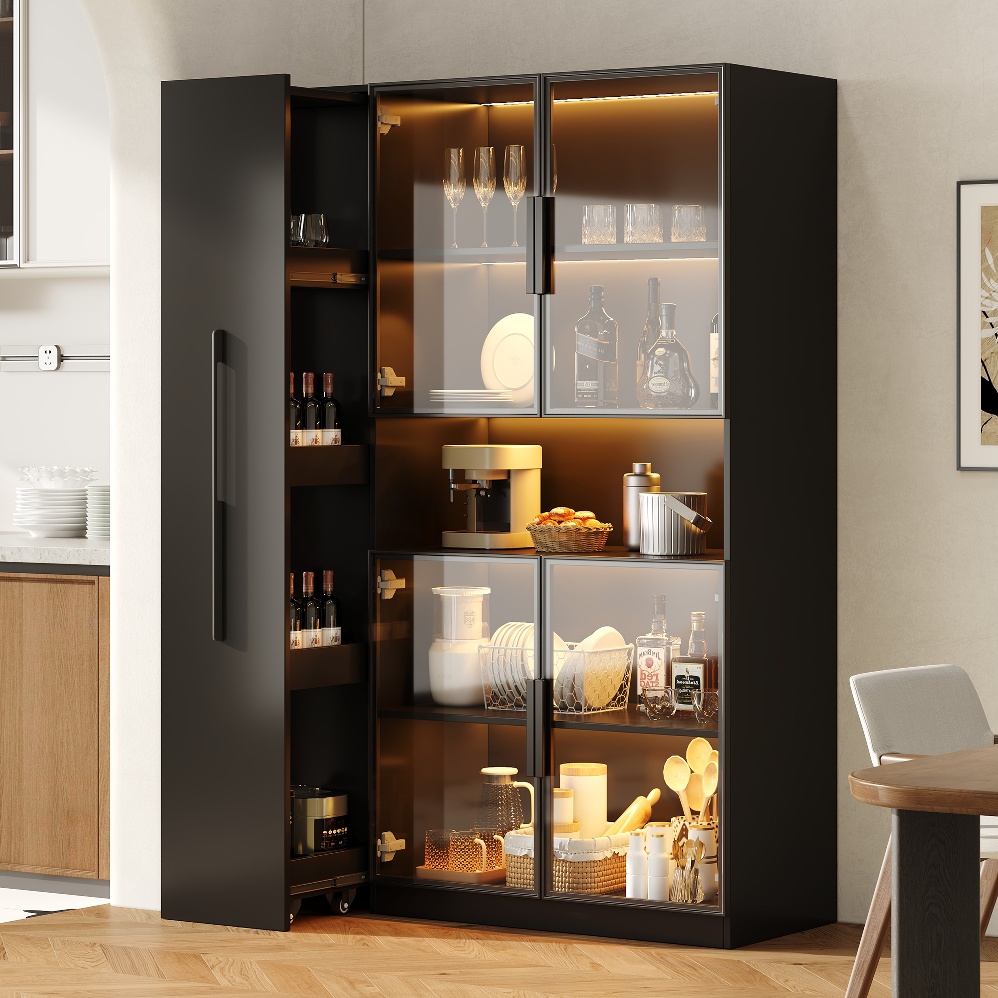 Vitrina de cristal negra 110×30×160 cm con luz led, estantes extensibles y cajones, almacenamiento versátil para salón, cocina y oficina.