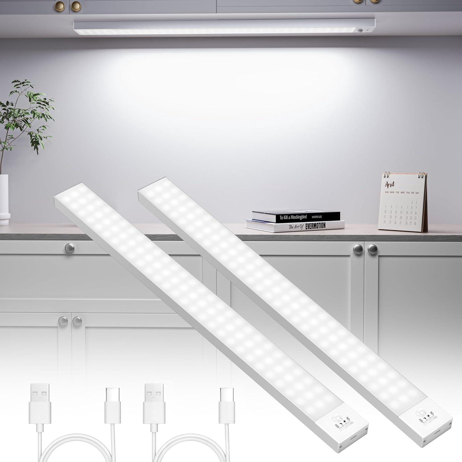 Lot De 2 Lampes LED Placard Rechargeables Avec Détecteur De Mouvement - 84 LED Dimmables 3 Modes, Éclairage Cuisine Armoire Escalier