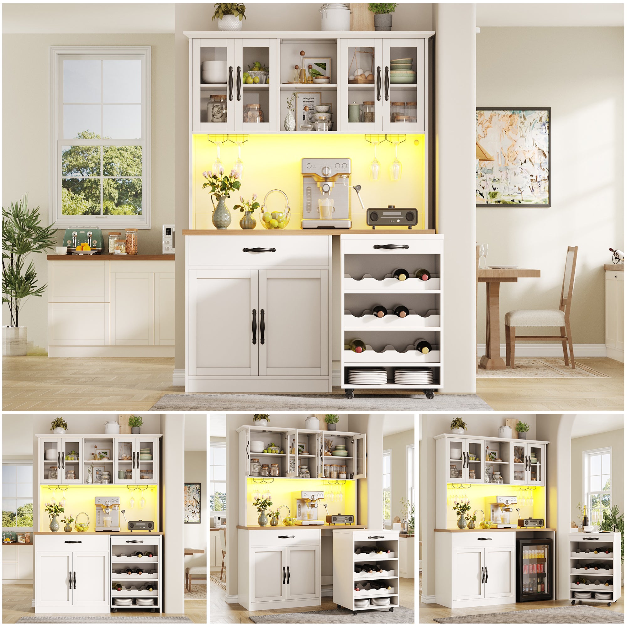 Aparador alto de cocina de 140x180cm con carrito extraíble con ruedas, vitrina con iluminación led, botellero y puertos usb - blanco