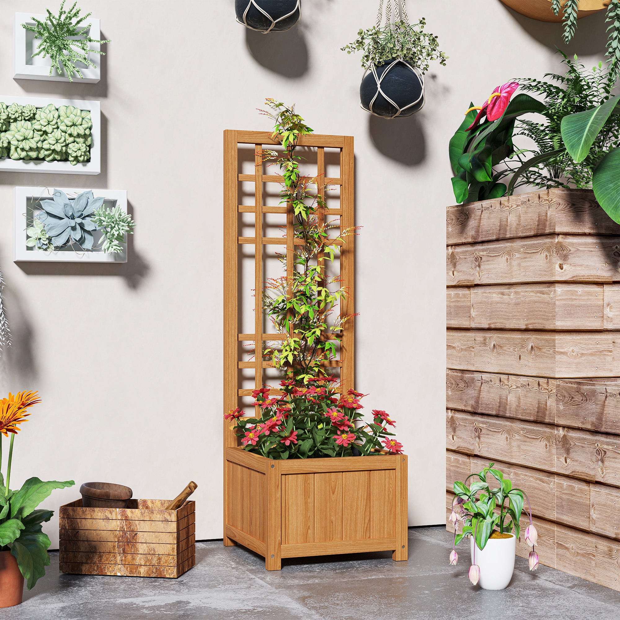 Outsunny Fioriera con Traliccio per Rampicanti con Foro di Drenaggio e Fodera, in Legno, 40x40x120 cm, Marrone - 8