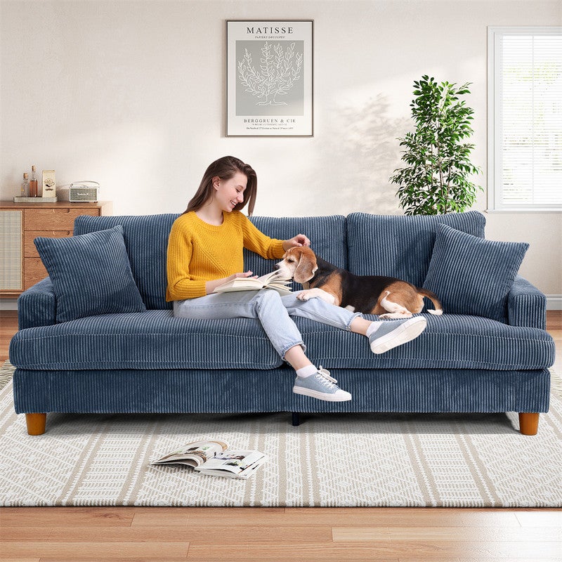 Grand Canapé 3 Places en Velours Côtelé Bleu,Canapé Scandinave avec 3 coussins et 2 oreillers pour le salon,220×76×84cm - 2