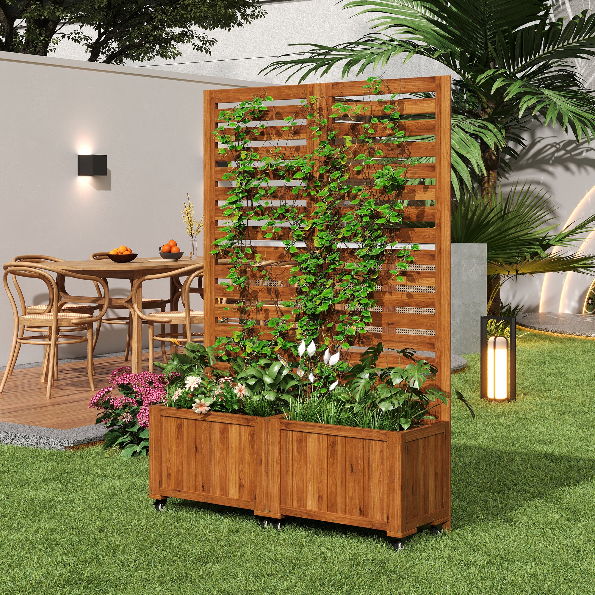 Lot de 2 Jardinière convertible avec Treillis et roulettes en bois massif - 102 x 32 x 150 cm - Marron - 9