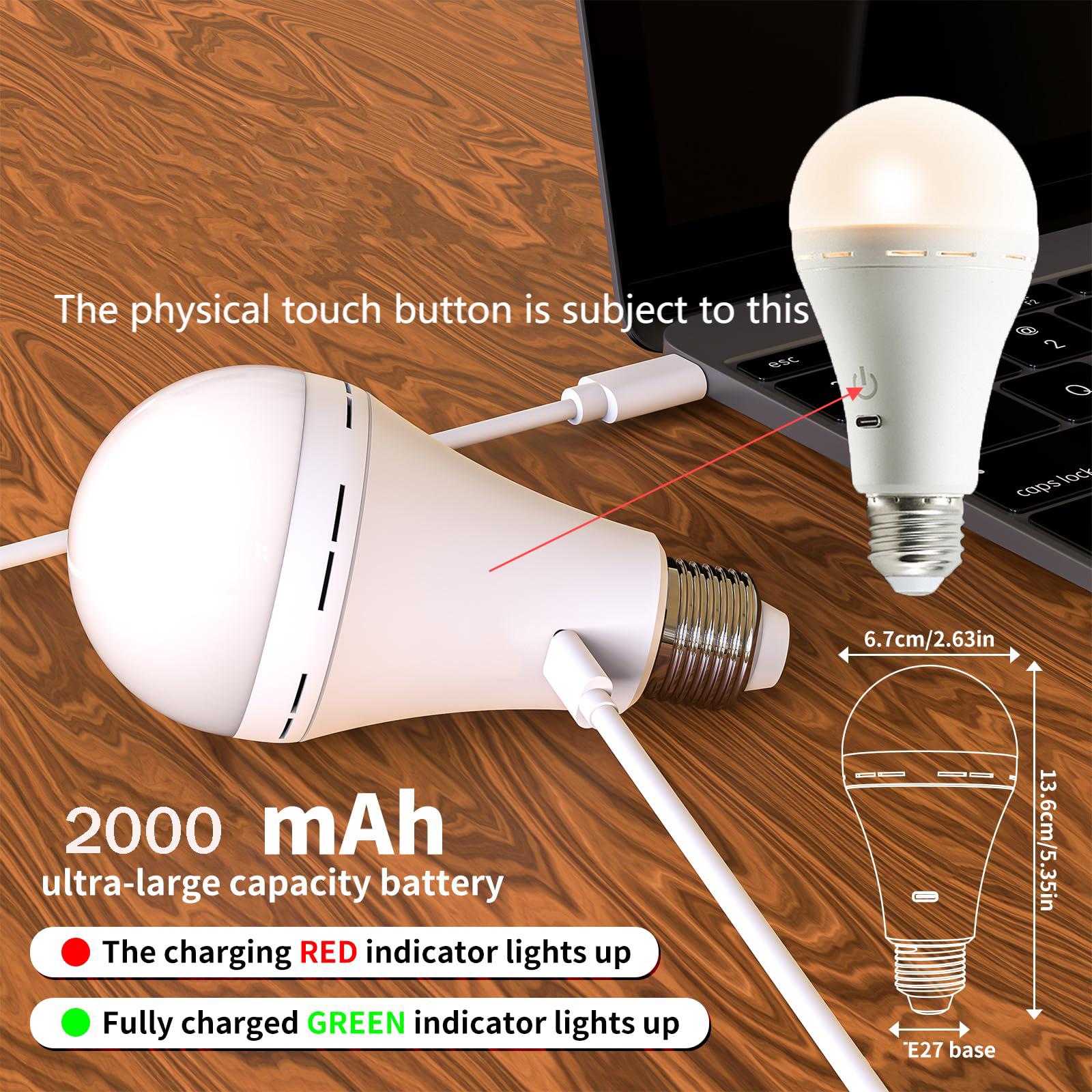 Lampadina ricaricabile E27 - Lampadina dimmerabile da 5 W con telecomando e gancio, temperatura di colore regolabile 3000-6000 K, 2000 mAh - 3