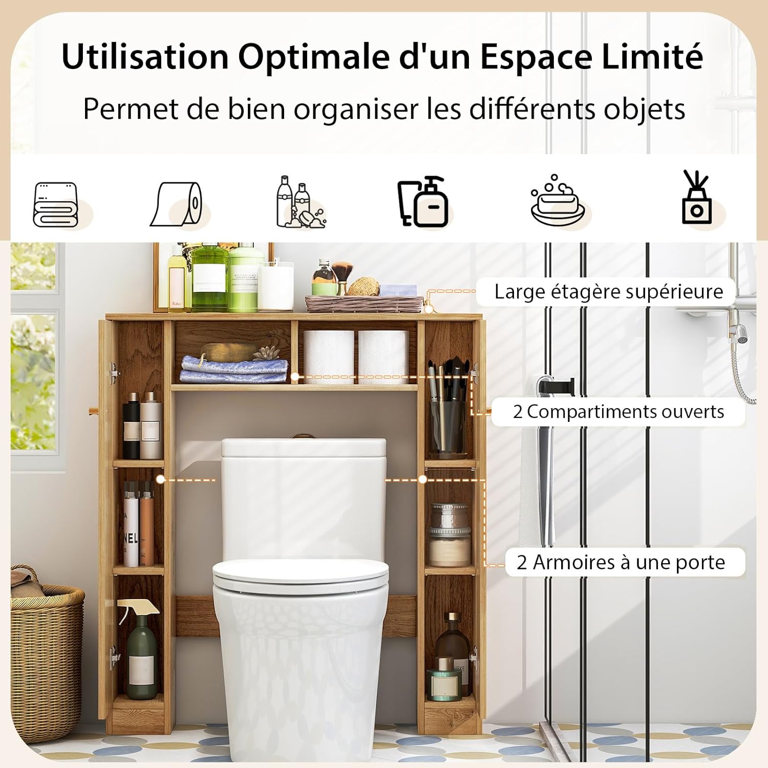 Meuble WC Au-Dessus de Toilettes/Meuble de Rangement- 18 x 87,5 x 98 cm (Naturel) - 2