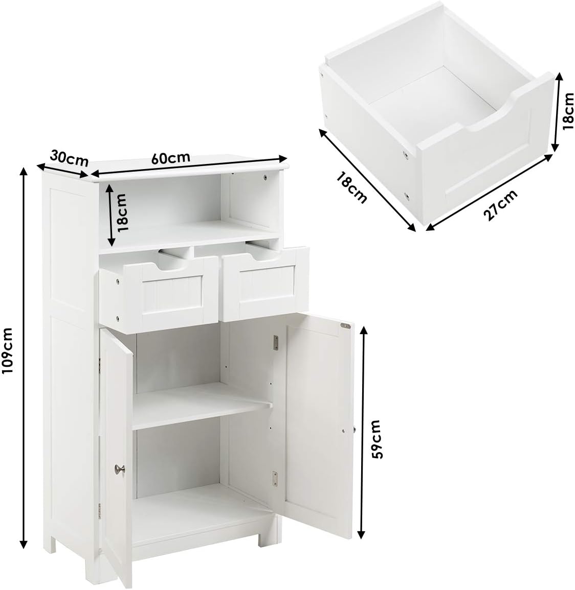 Meuble de Rangement de Salle de Bain Commode Blanche de Toilette, 60 x 30 x 109 CM Blanc - 5