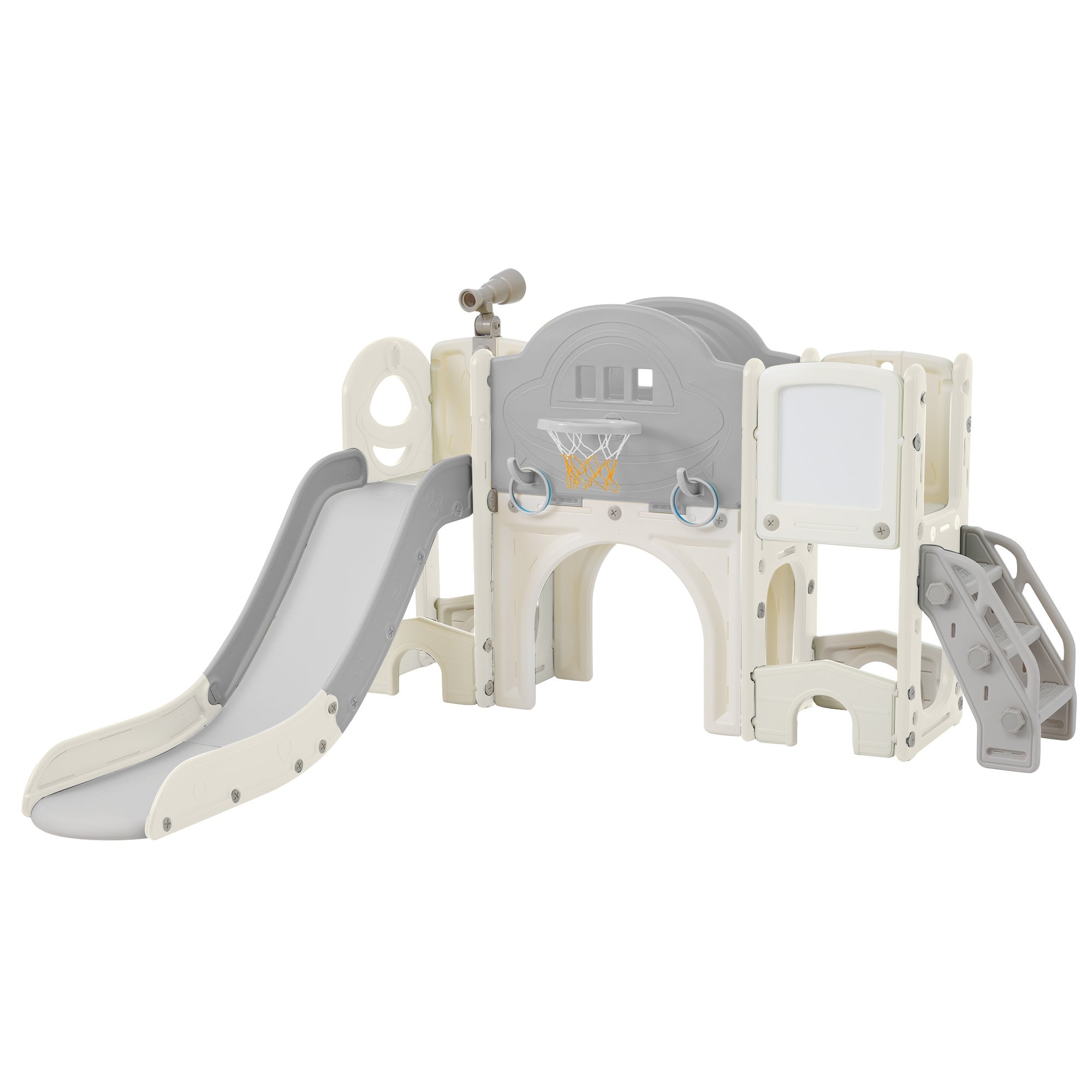 Jouet extérieur 10 en 1 - Multifonction avec toboggan, escalade, jeux et rangements - Couleur: Gris Antique Blanc - 7
