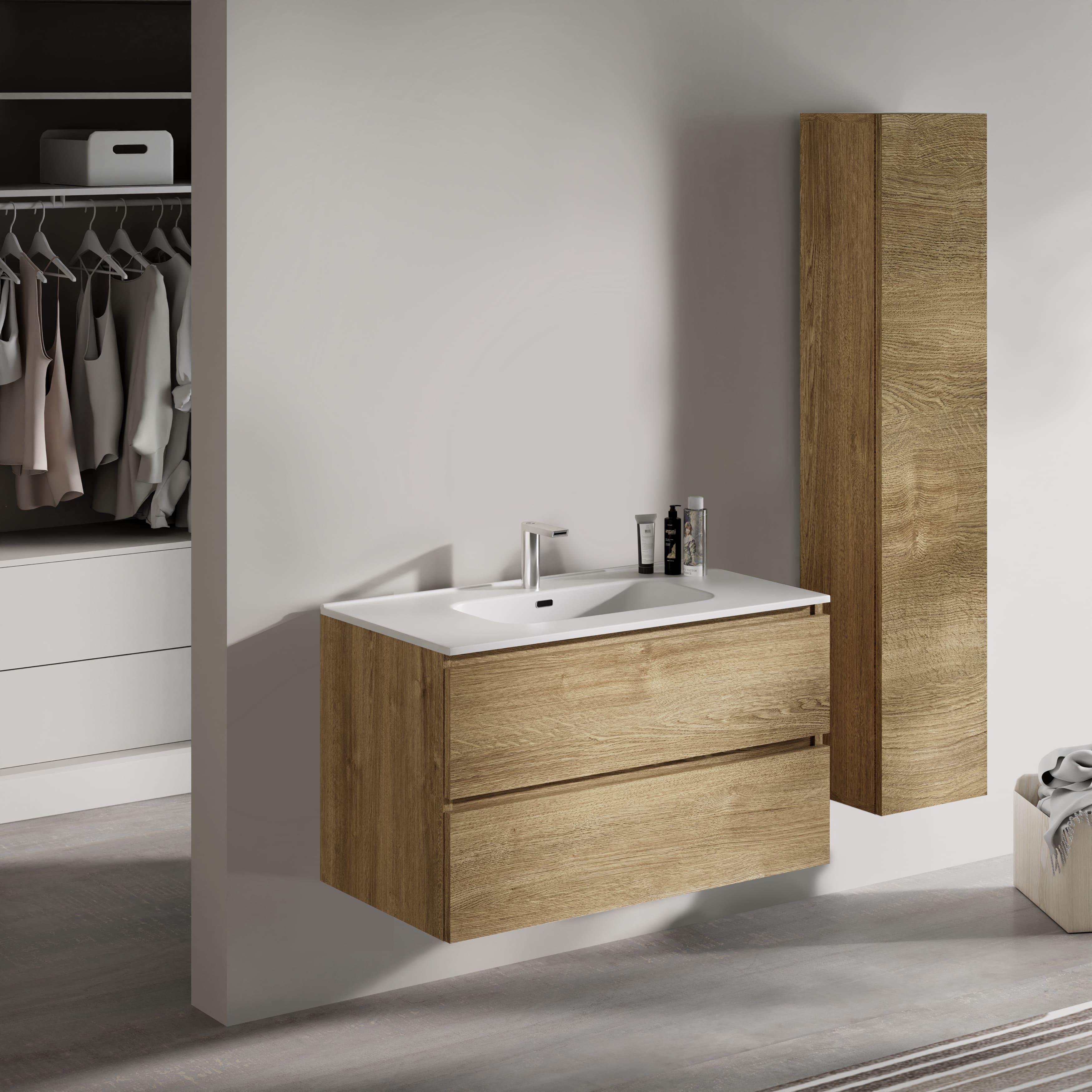 Feel Your Bath, Meuble Salle de Bain Couleur Bois 80cm avec Vasque en Céramique Blanc Brillant – Élégant et Facile à Poser - 2