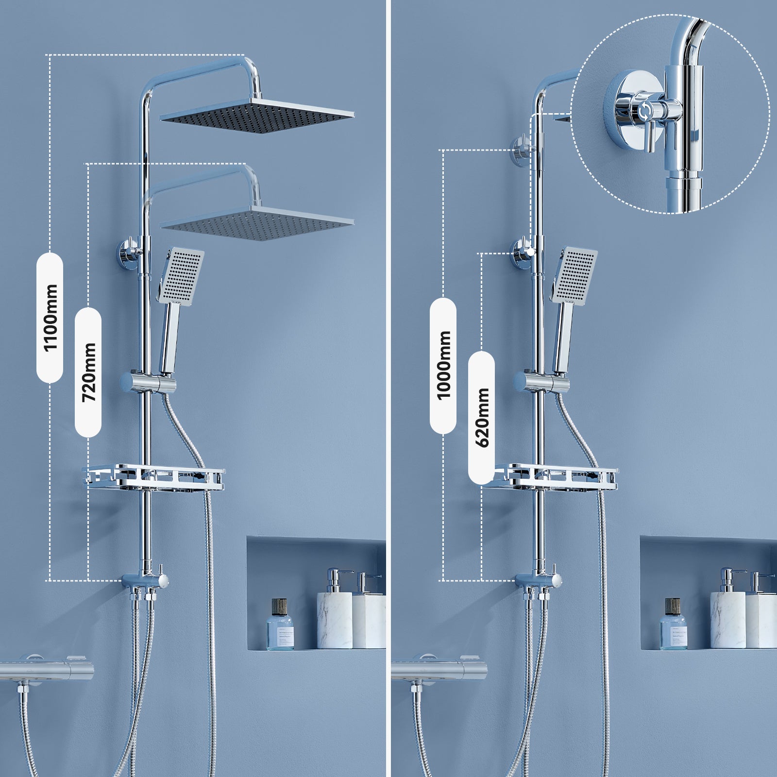 Colonne Douche Inox,Réglable Hauteur Ensemble Douche Murale avec Étagère Douche Set kit Douche sans Robinet avec Pommeau Douche Carré 25.5cm,Chromé - 6