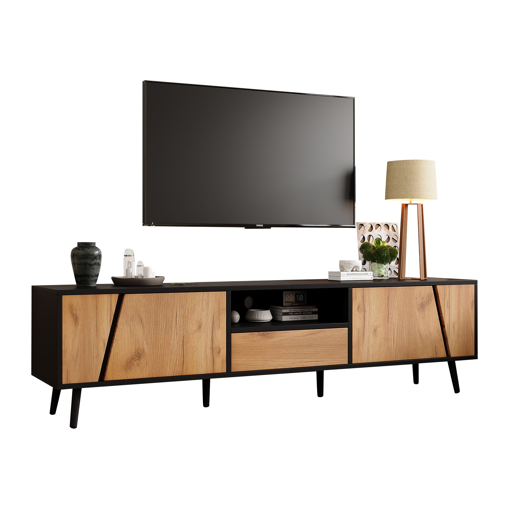 Mobile TV con 2 ante e 1 cassetto - 180 x 40 x 46 cm - Pannello truciolare e gambe in legno massello - Nero e naturale - 6